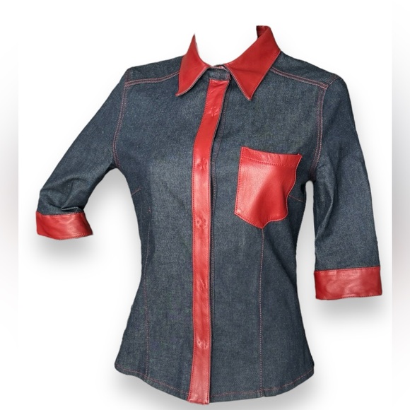 Vintage 1990s Dolce & Gabbana Denim Jacket Top with Red Leather Trim - Picture 1 of 10